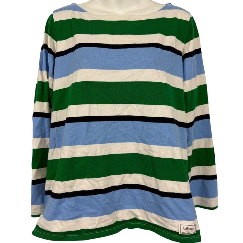 Talbots Plus Womens Green Blue Wide Stripe 100% Cotton Top Shirt sz X / 0X